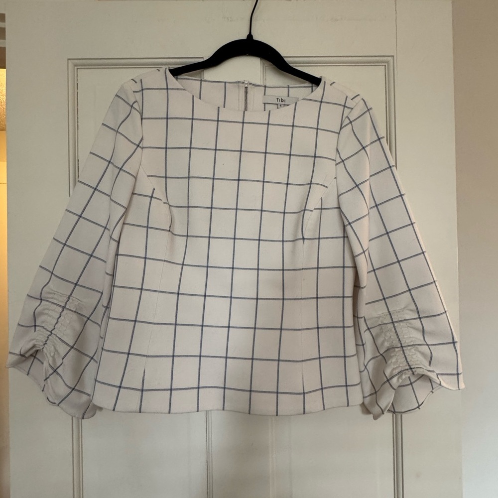 Tibi Cream and Blue Windowpane Top